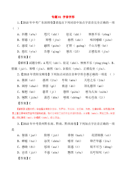 2018年中考语文试题分项版解析汇编：(第02期)专题01 字音字形(含解析)