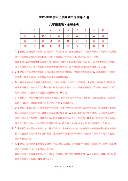 2019-2020学年八年级生物上学期期中原创卷(全解全析)