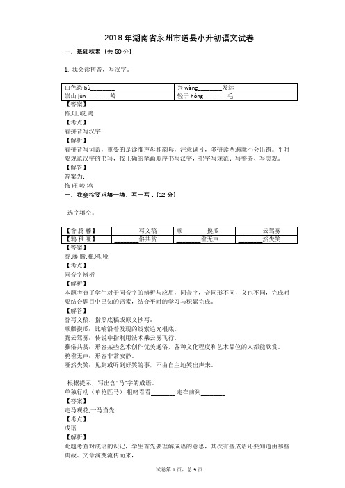 2018年湖南省永州市道县小升初语文试卷