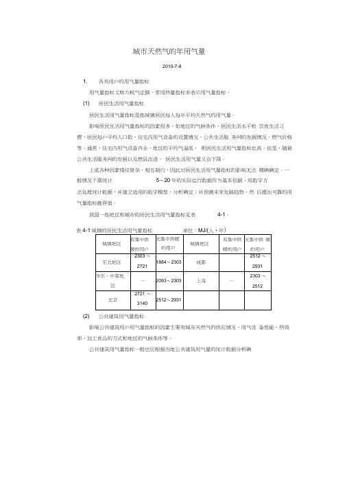 《城市天然气的年用气量参考表》