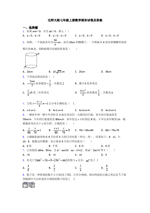 北师大版七年级上册数学期末试卷及答案