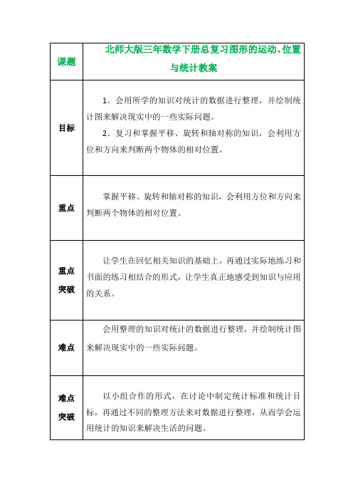 北师大版三年数学下册总复习图形的运动、位置与统计教案