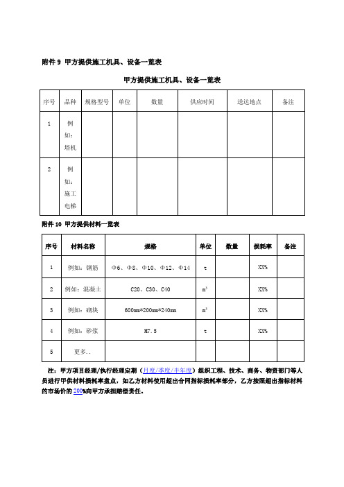 -甲方提供施工机具、设备一览表及-甲方提供材料一览表(9、10)