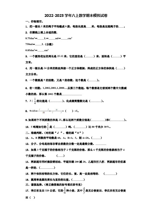 2023届烟台市招远市数学六年级第一学期期末教学质量检测模拟试题含解析