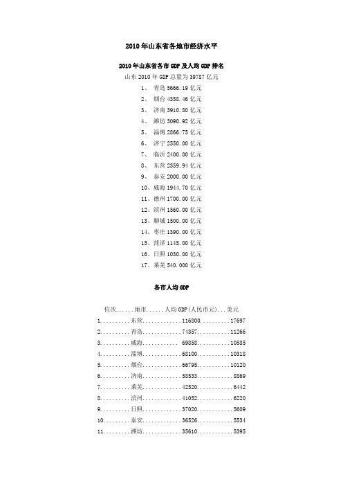 2010年山东省各地市经济水平