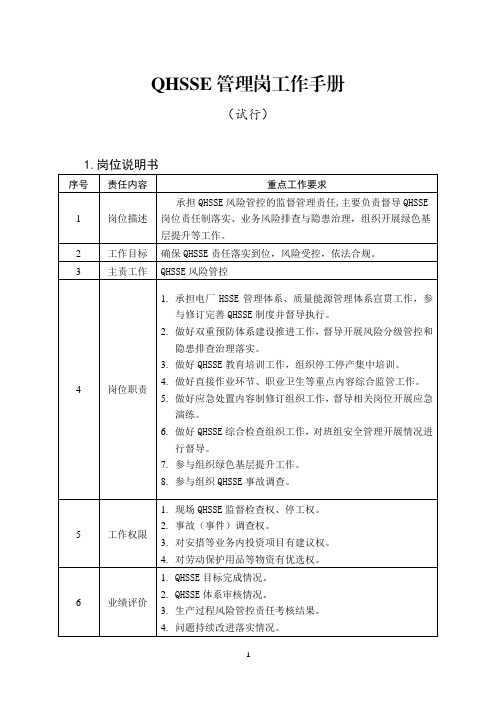 发电厂岗位工作手册-QHSSE管理岗工作手册