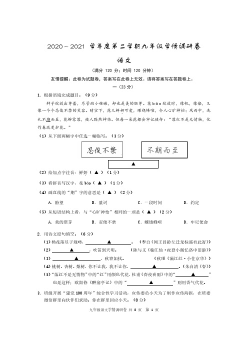 2021年江苏省南京市玄武区中考一模语文试卷-word版含答案