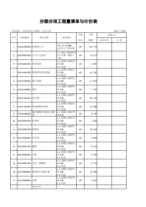 1区部分项工程量清单与计价表