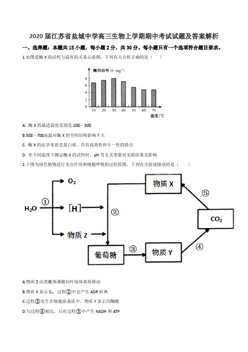 2020届江苏省盐城中学高三生物上学期期中考试试题及答案解析