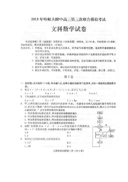 2013年哈师大附中第三次模拟考试文科数学答案