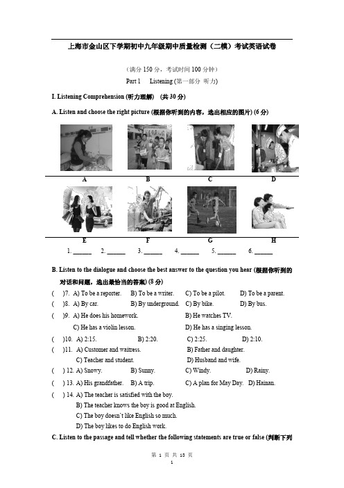 上海市金山区届下学期初中九年级期中质量检测(二模)考试英语试卷