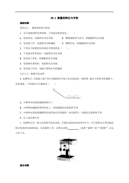 沪科版物理九年级 20.1能量的转化与守恒同步练习