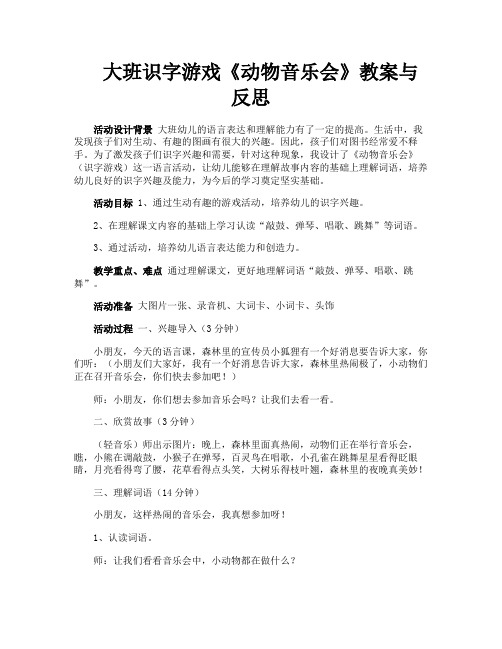 大班识字游戏《动物音乐会》教案与反思