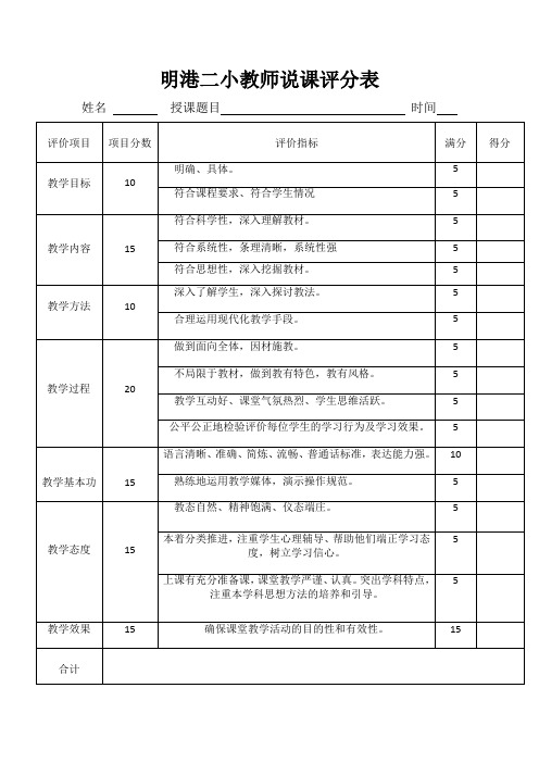 教师优质课竞赛评分表