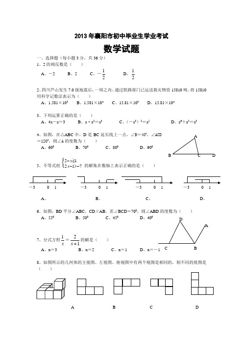 2013年湖北省襄阳市中考数学试题及答案(WORD版)