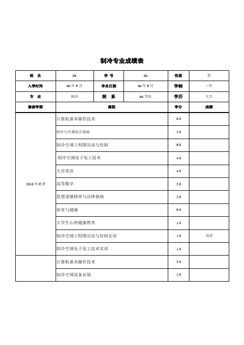 制冷专业求职简历成绩表