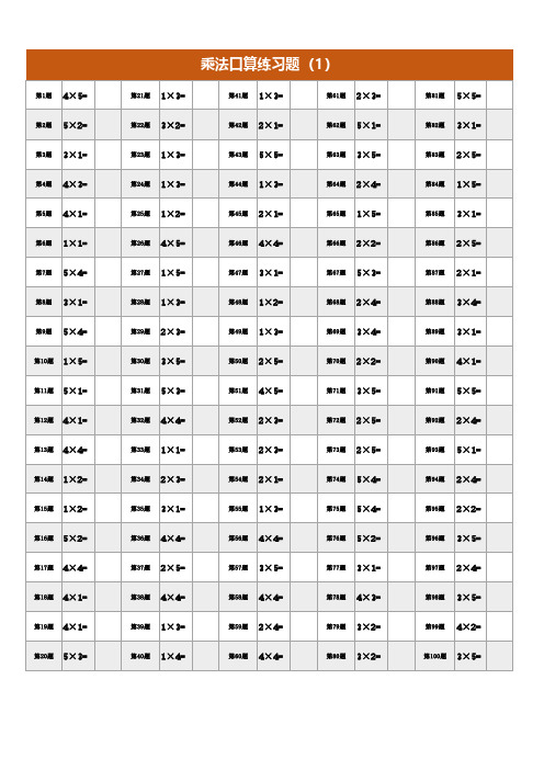 小学二年级数学乘法练习题5以内乘法题目500题