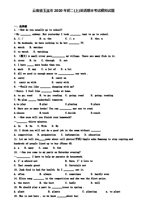 云南省玉溪市2020年初二(上)英语期末考试模拟试题