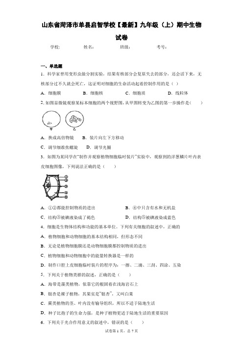 山东省菏泽市单县启智学校2021届九年级(上)期中生物试卷