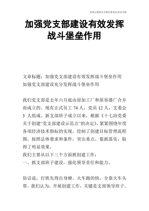 加强党支部建设有效发挥战斗堡垒作用