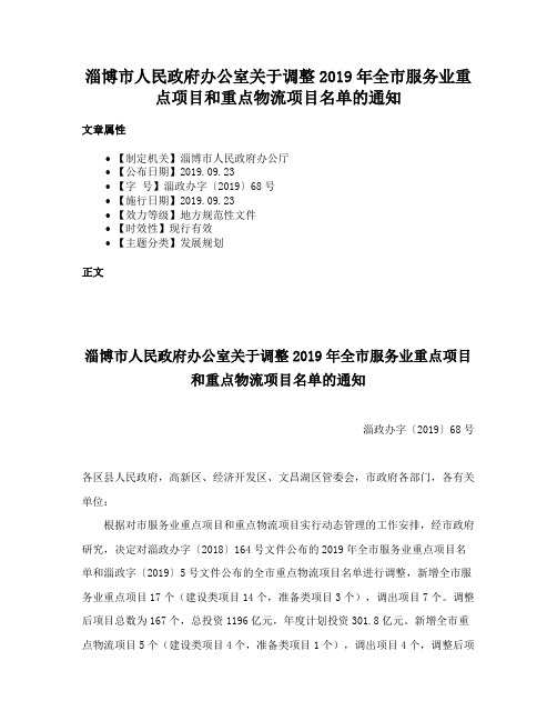 淄博市人民政府办公室关于调整2019年全市服务业重点项目和重点物流项目名单的通知