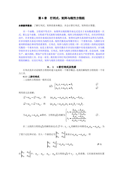 《经济数学》第6章 行列式矩阵与线性方程组