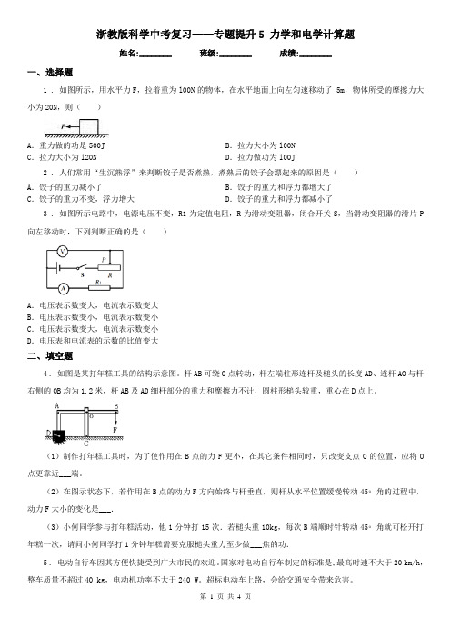 浙教版科学中考复习——专题提升5 力学和电学计算题