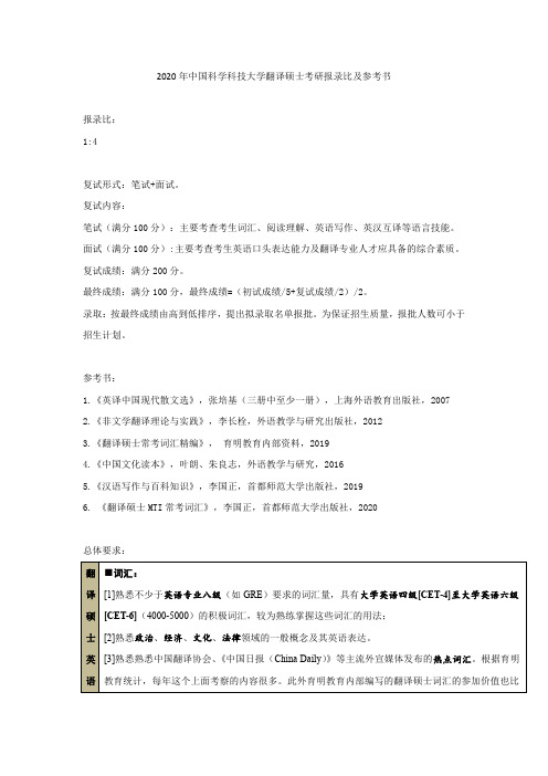 2020年中国科学科技大学翻译硕士考研报录比及参考书