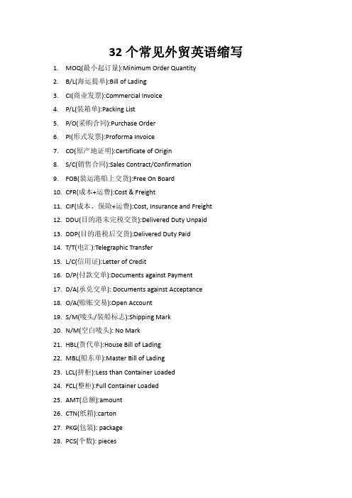 32个常见外贸英语缩写