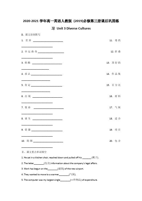 必修第三册课后巩固练习 Unit 3 Diverse Cultures