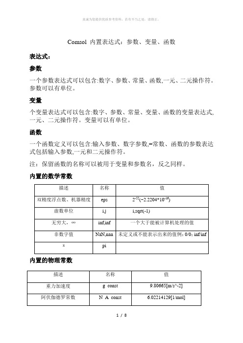 Comsol 内置参数变量函数