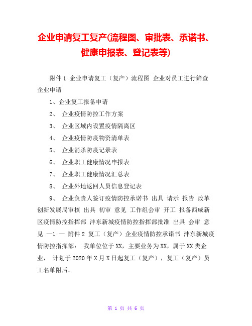 企业申请复工复产(流程图、审批表、承诺书、健康申报表、登记表等)