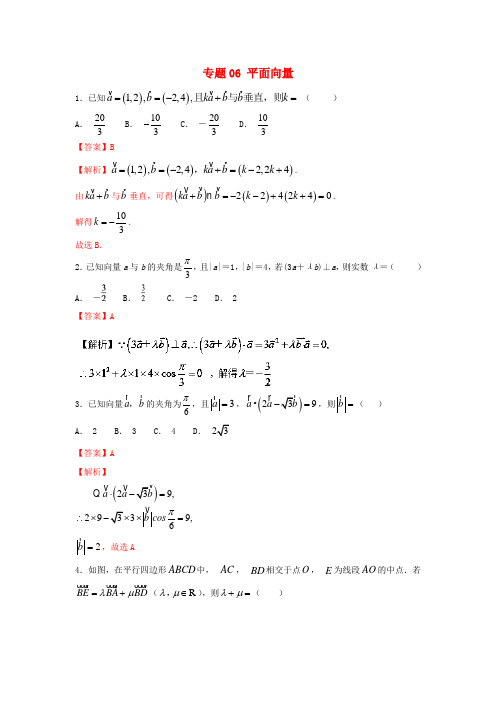 2018年高考数学一轮复习 小题精练系列 专题06 平面向量(含解析)文