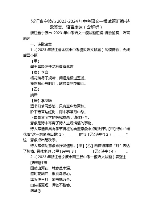 浙江省宁波市2023-2024年中考语文一模试题汇编-诗歌鉴赏、语言表达(含解析)