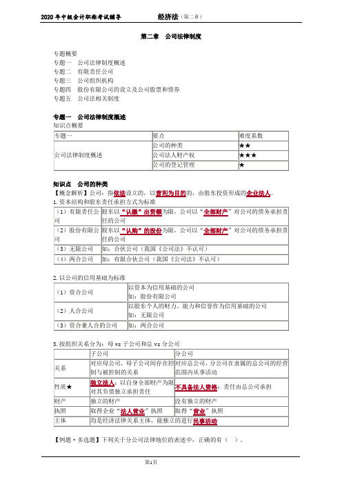 2020年 中级 经济法 第二章 公司法律制度