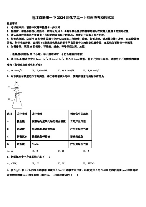 浙江省衢州一中2024届化学高一上期末统考模拟试题含解析