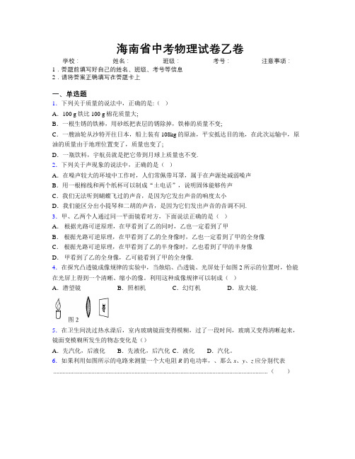 精编海南省中考物理试卷乙卷附解析