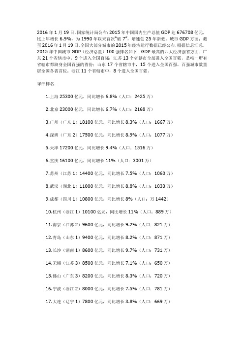 15年各省市GDP排名