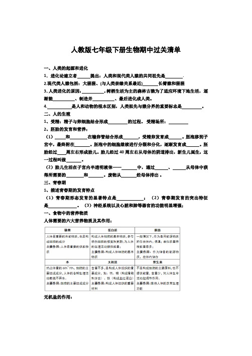 人教版七年级生物下册期中知识点复习汇总 