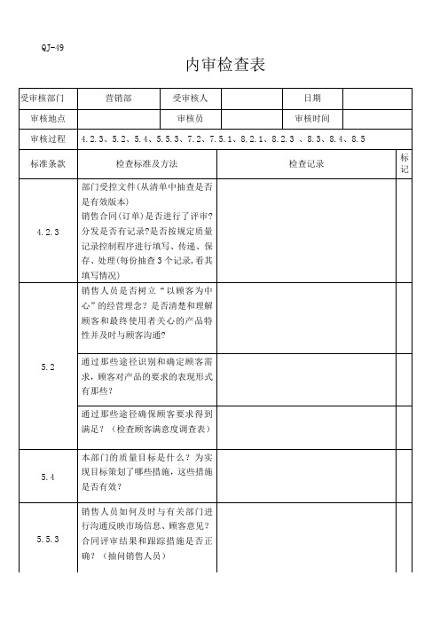 营销部内审检查表