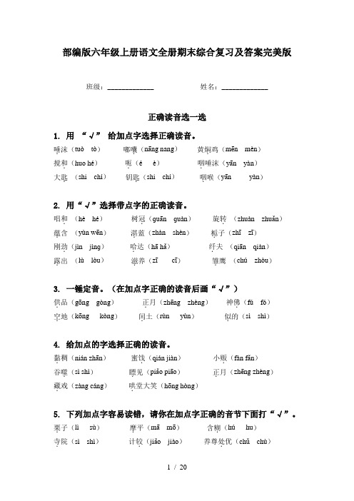 部编版六年级上册语文全册期末综合复习及答案完美版