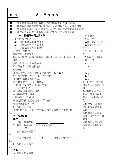 小学一年级科学上册复习资料