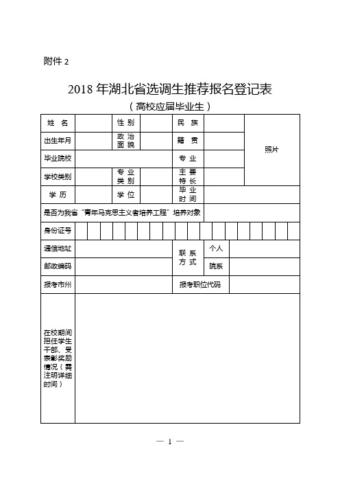 2018年湖北省选调生推荐报名登记表(高校应届毕业生)