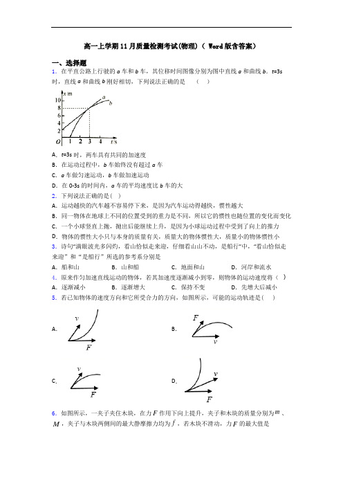 高一上学期11月质量检测考试(物理)( Word版含答案)