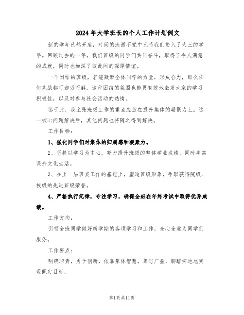 2024年大学班长的个人工作计划例文（六篇）