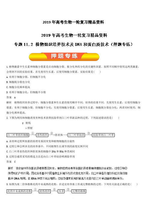 2019年高考生物一轮复习精品资料专题11.2 植物组织培养技术及DNA和蛋白质技术(押题专练) 含解析