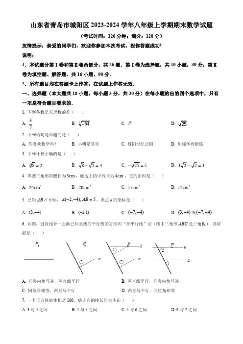 精品解析：山东省青岛市城阳区2023-2024学年八年级上学期期末数学试题(原卷版)