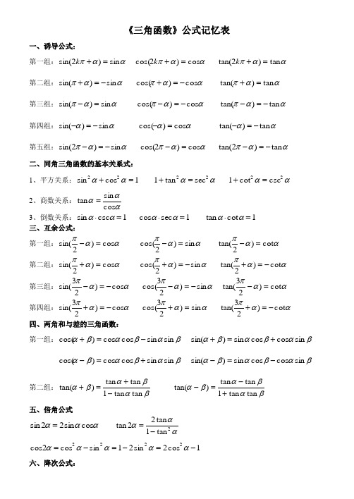 《三角函数》公式记忆表