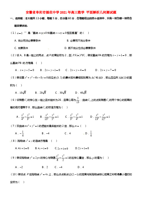 安徽省阜阳市插花中学2021年高三数学 平面解析几何测试题(1)