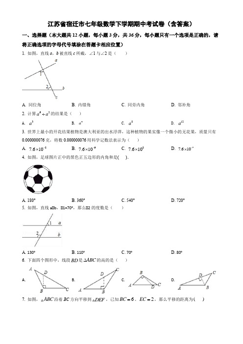 江苏省宿迁市七年级数学下学期期中考试卷(含答案)